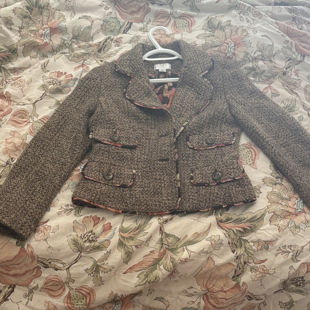 LOFT Brown Tweed Cropped Blazer with Contrast Trim